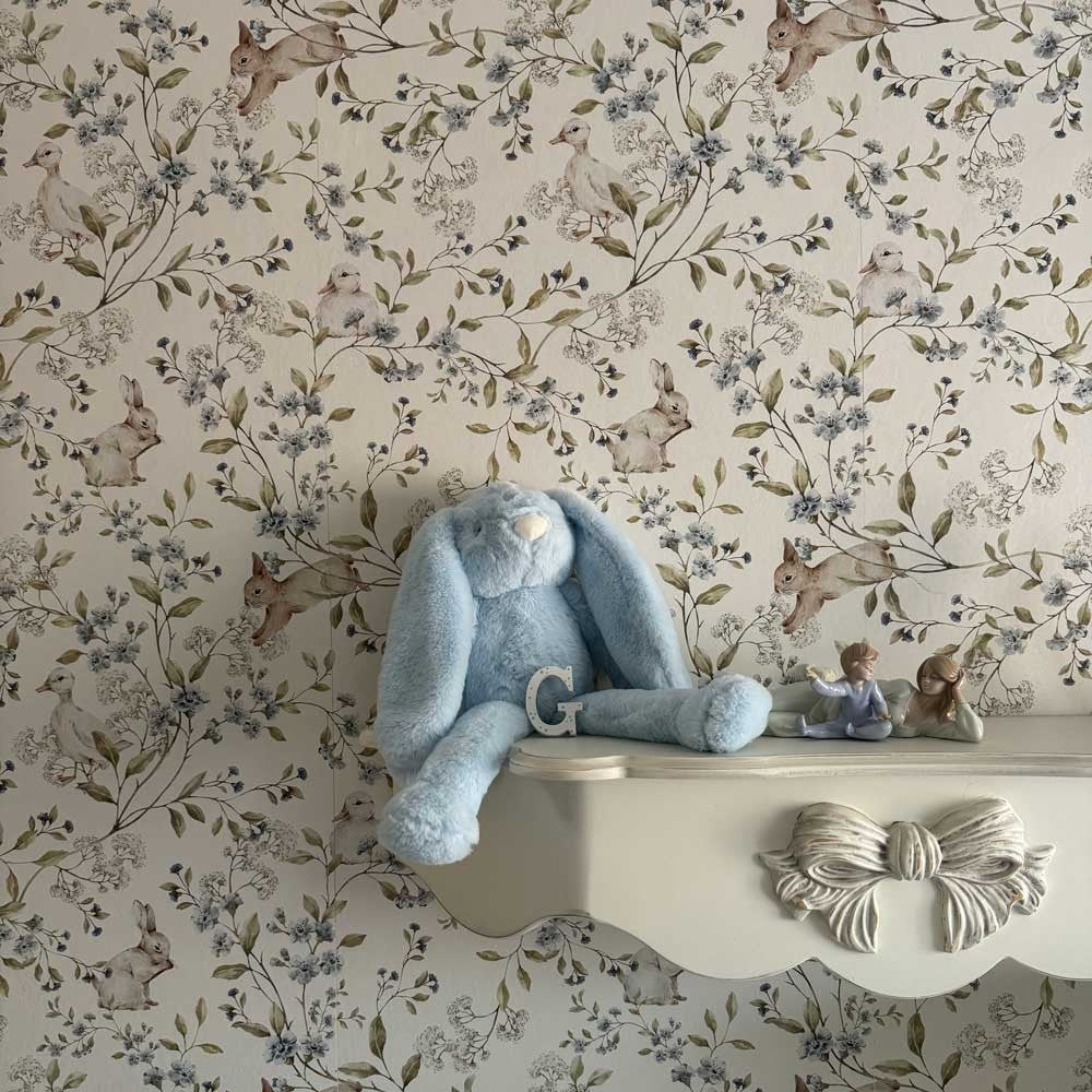 bold meadow friends wallpaper with whimsical ducks and bunnies on a soft beige background