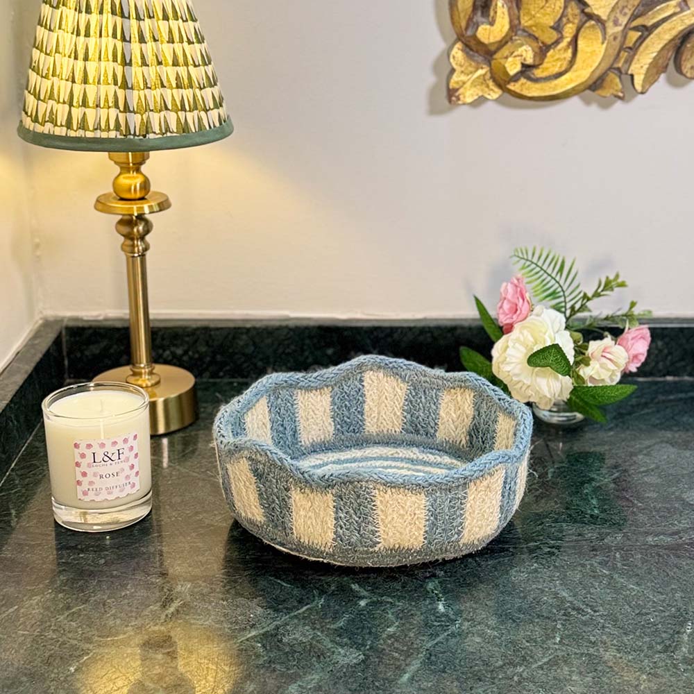 Stripy Scalloped Mini Basket - Dusty Blue