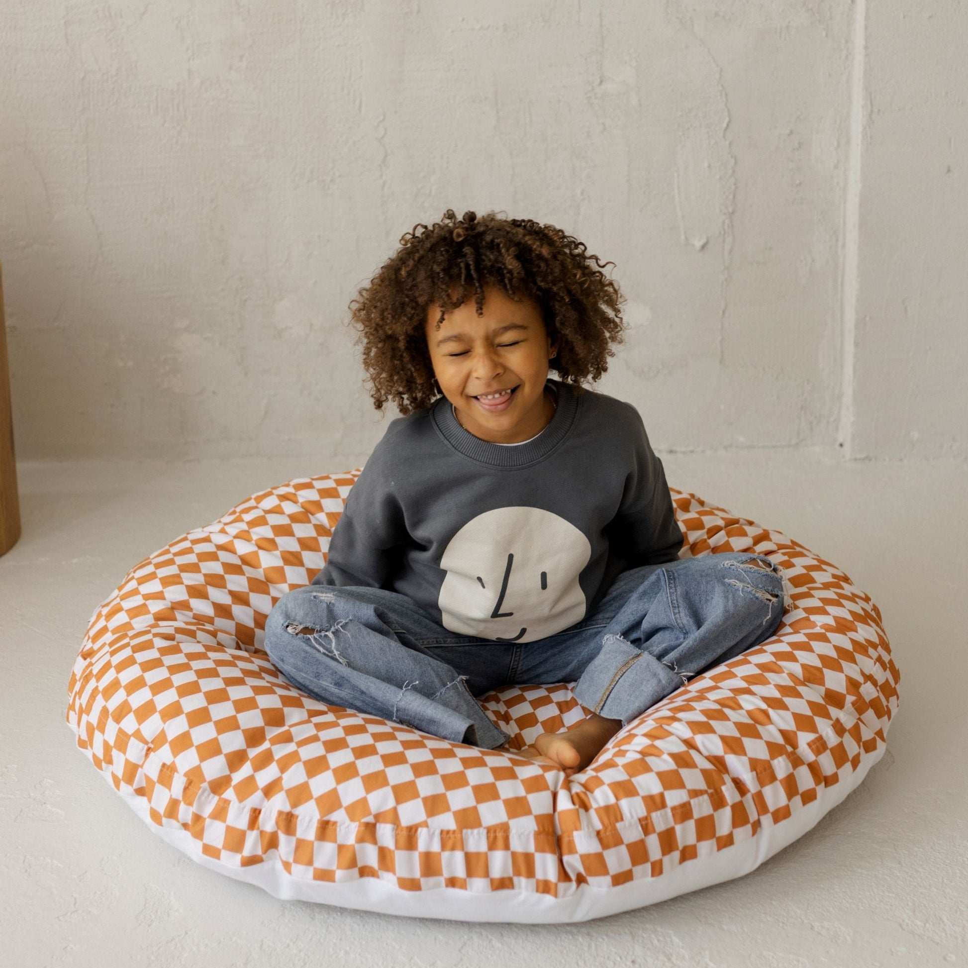Large Kids Floor Cushion in Off White and Orange Checkered