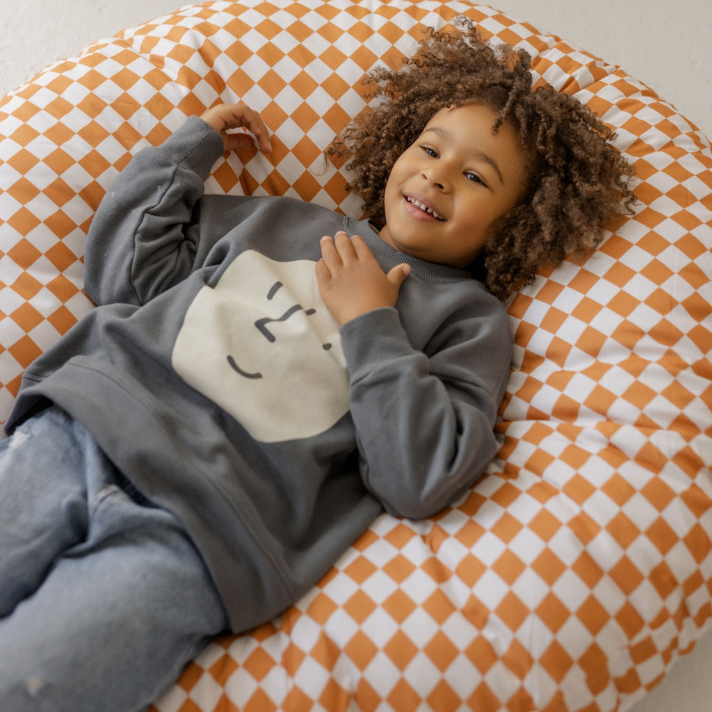 Large Kids Floor Cushion in Off White and Orange Checkered