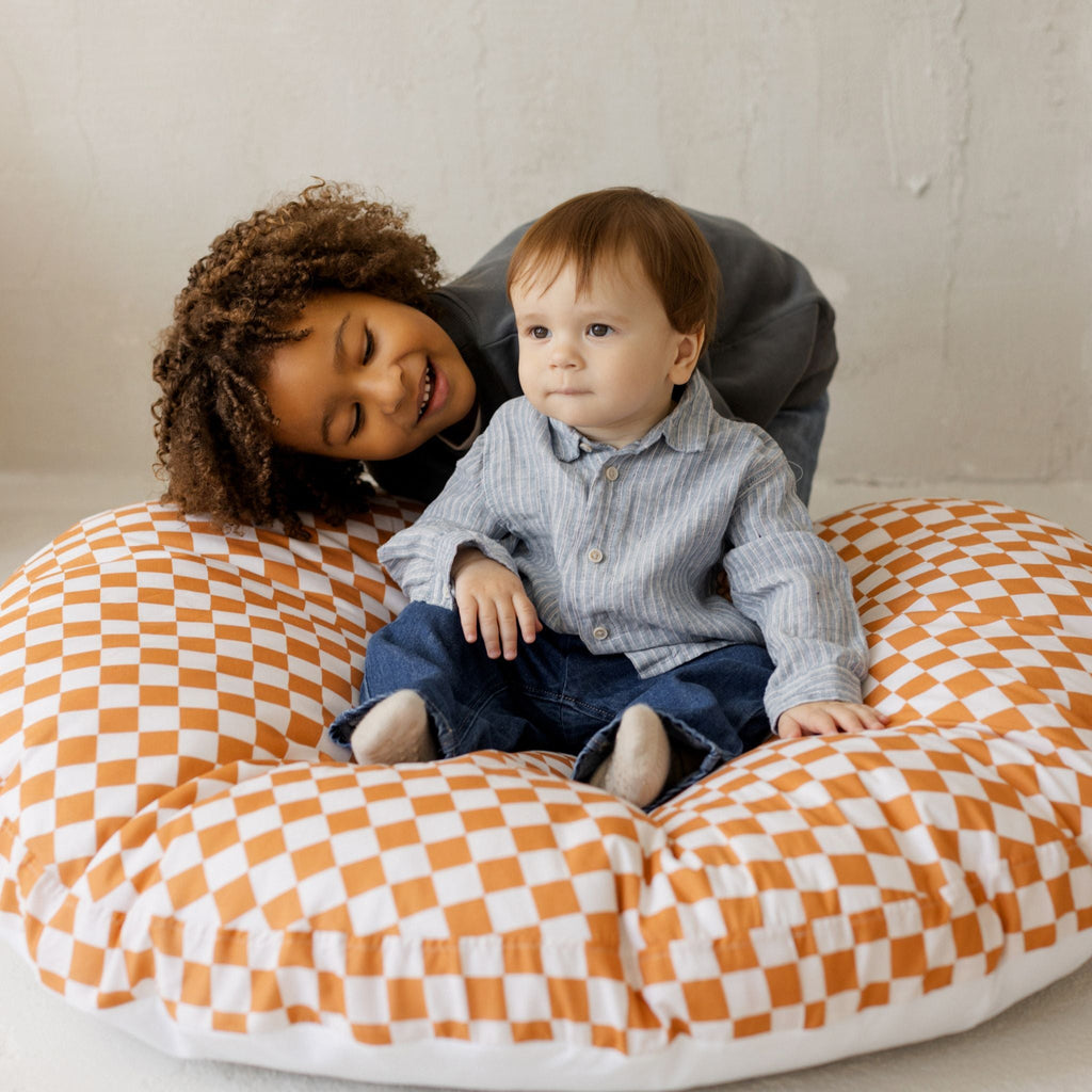 Large Kids Floor Cushion in Off White and Orange Checkered