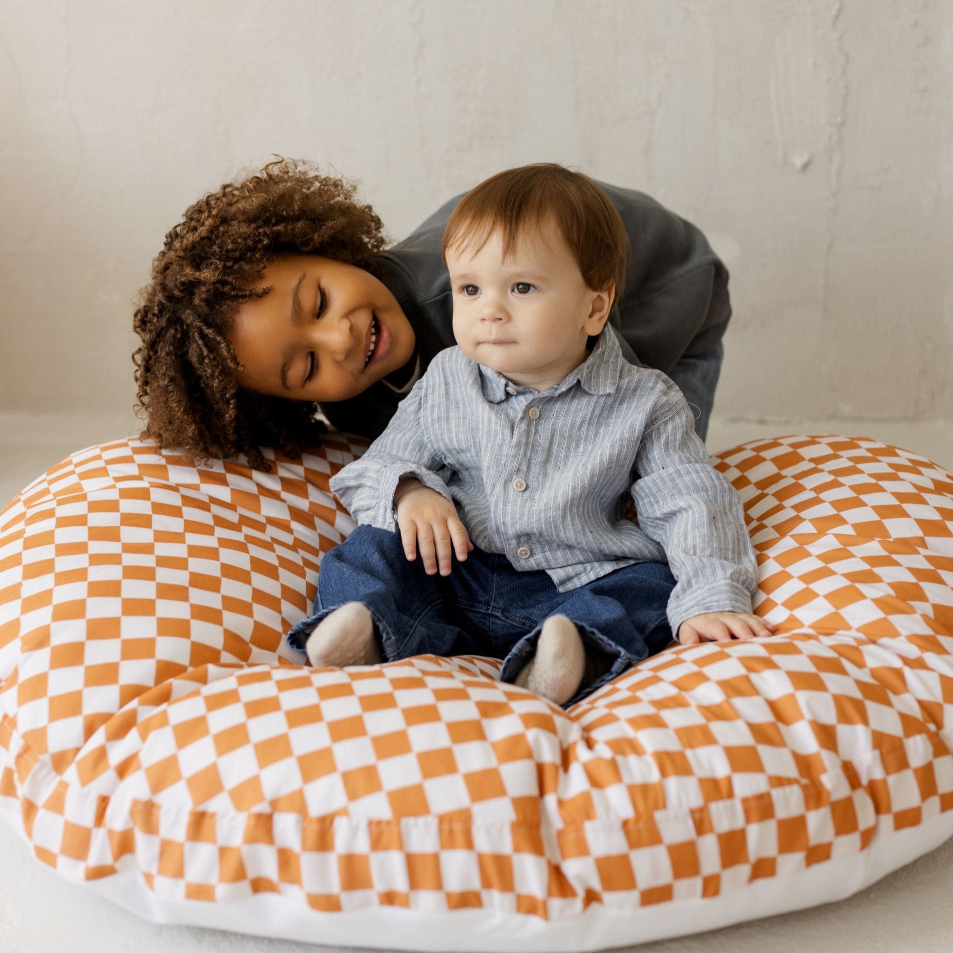 Large Kids Floor Cushion in Off White and Orange Checkered