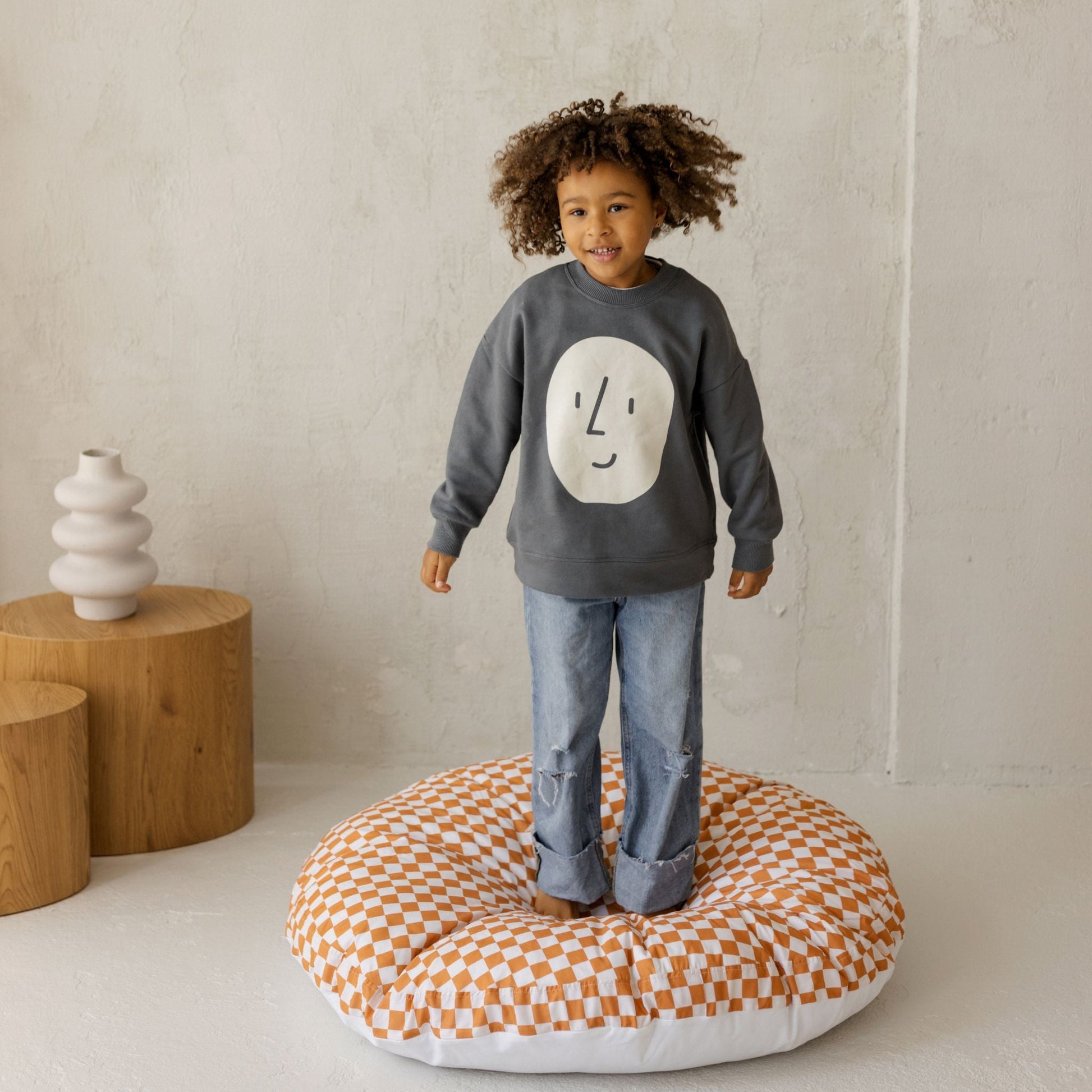 Large Kids Floor Cushion in Off White and Orange Checkered