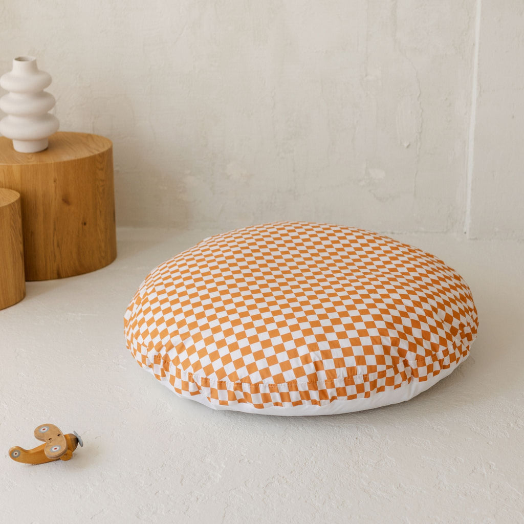 Large Kids Floor Cushion in Off White and Orange Checkered