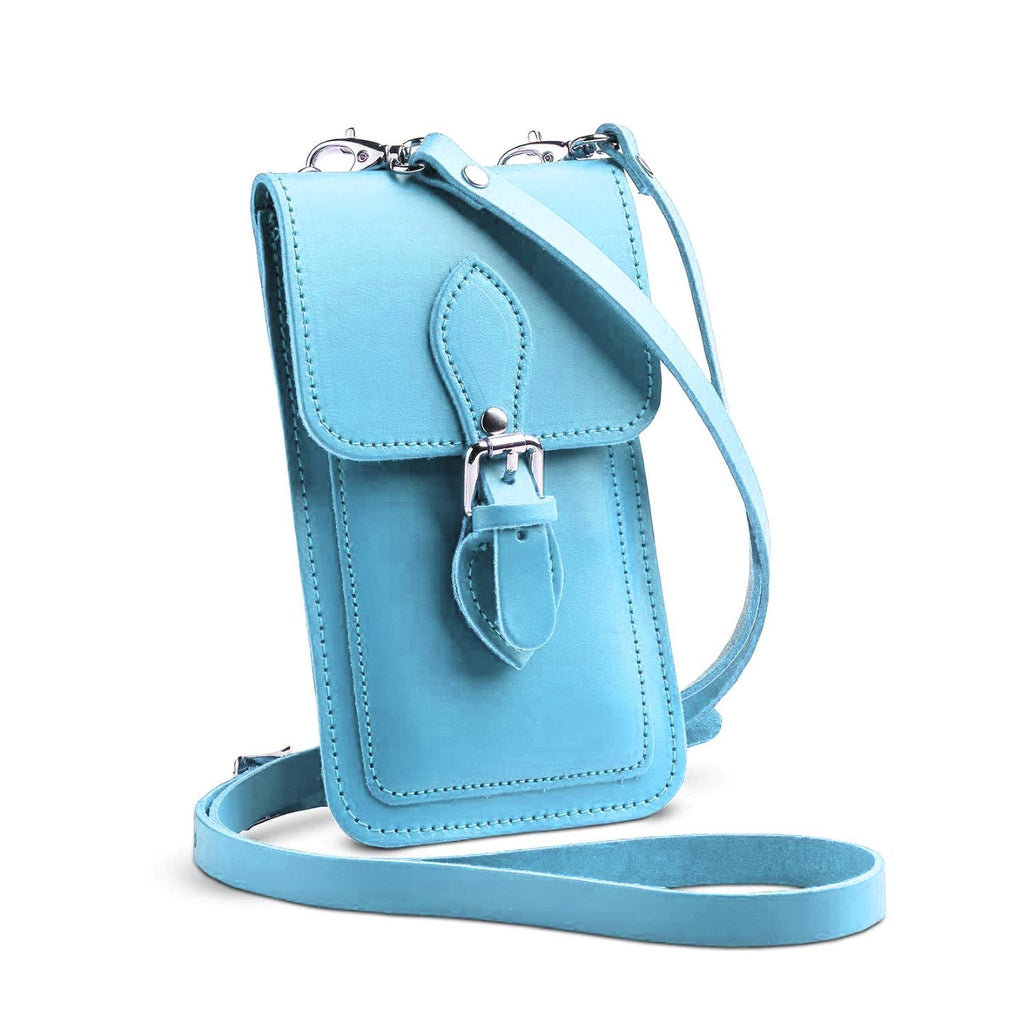 Handmade Leather Mobile Phone Pouch in Pastel Baby Blue