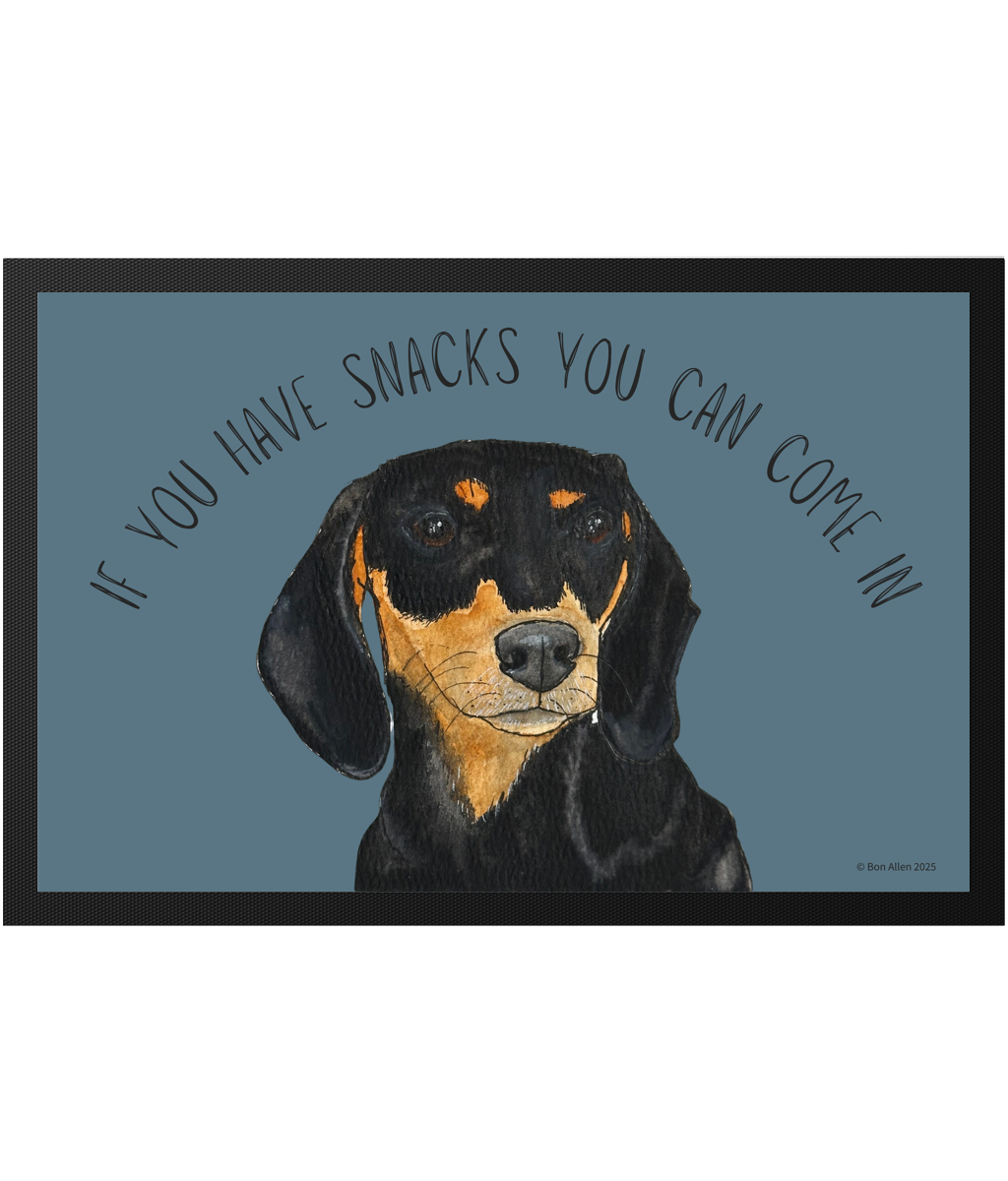 Black and Tan Dachshund Doormat with Snacks Slogan