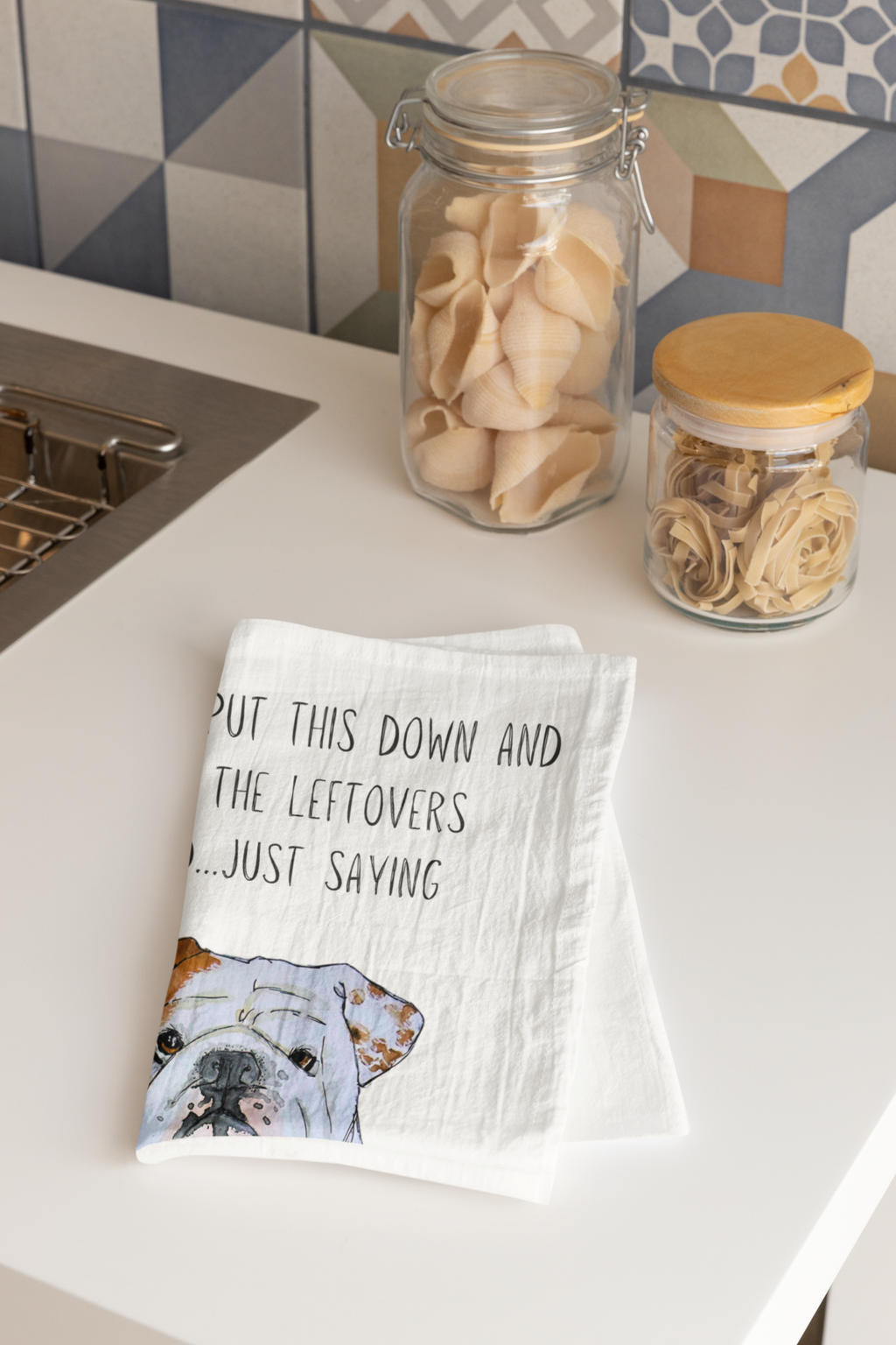 Bulldog Tea Towel with Cheeky Leftovers Slogan