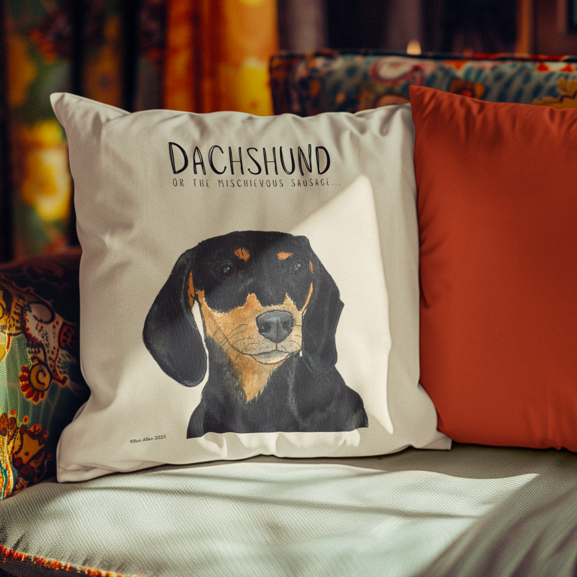 Dachshund Cushion Cover with Mischievous Hot Dog Energy