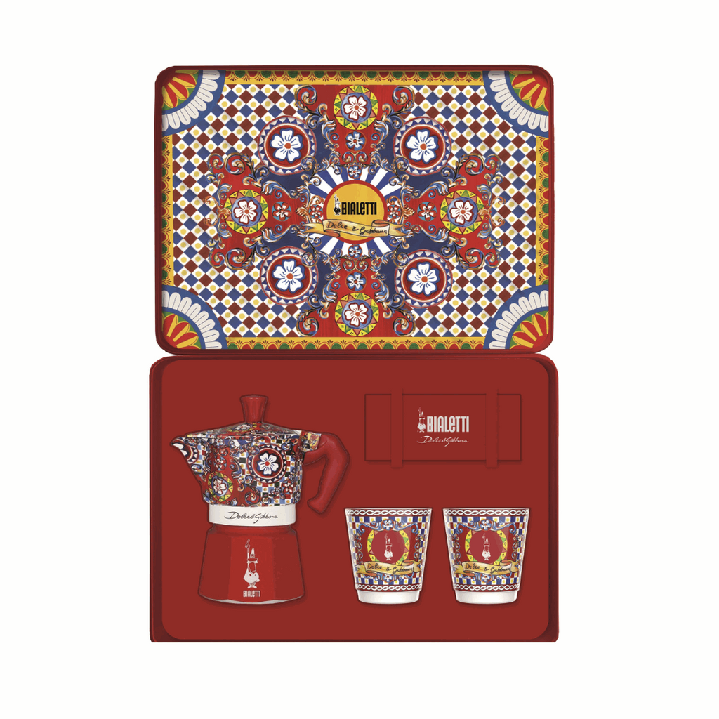Sicilian Cart Moka 2 Cup Gift Set with Espresso Cups and Gold Stirrers