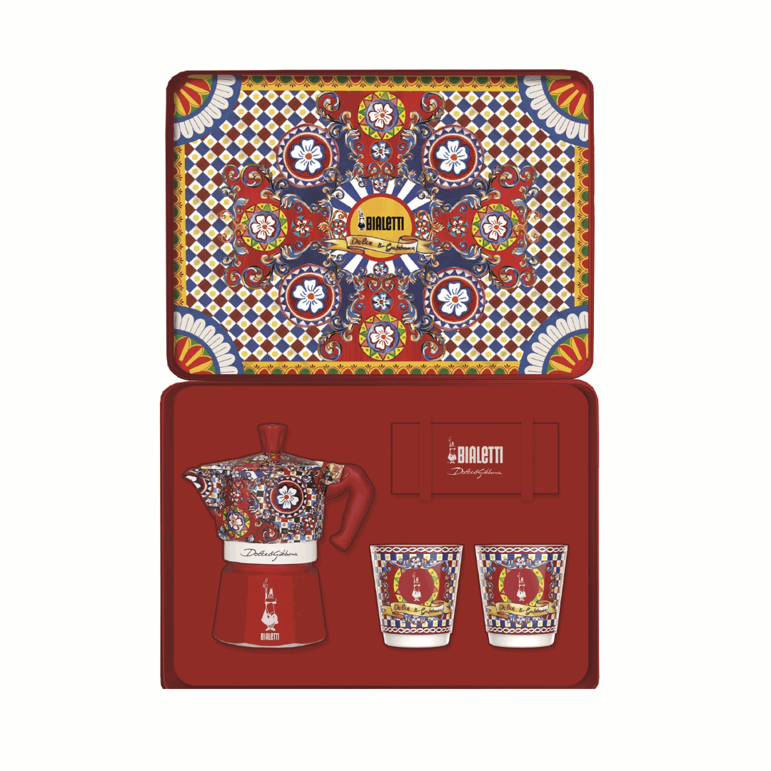 Sicilian Cart Moka 2 Cup Gift Set with Espresso Cups and Gold Stirrers