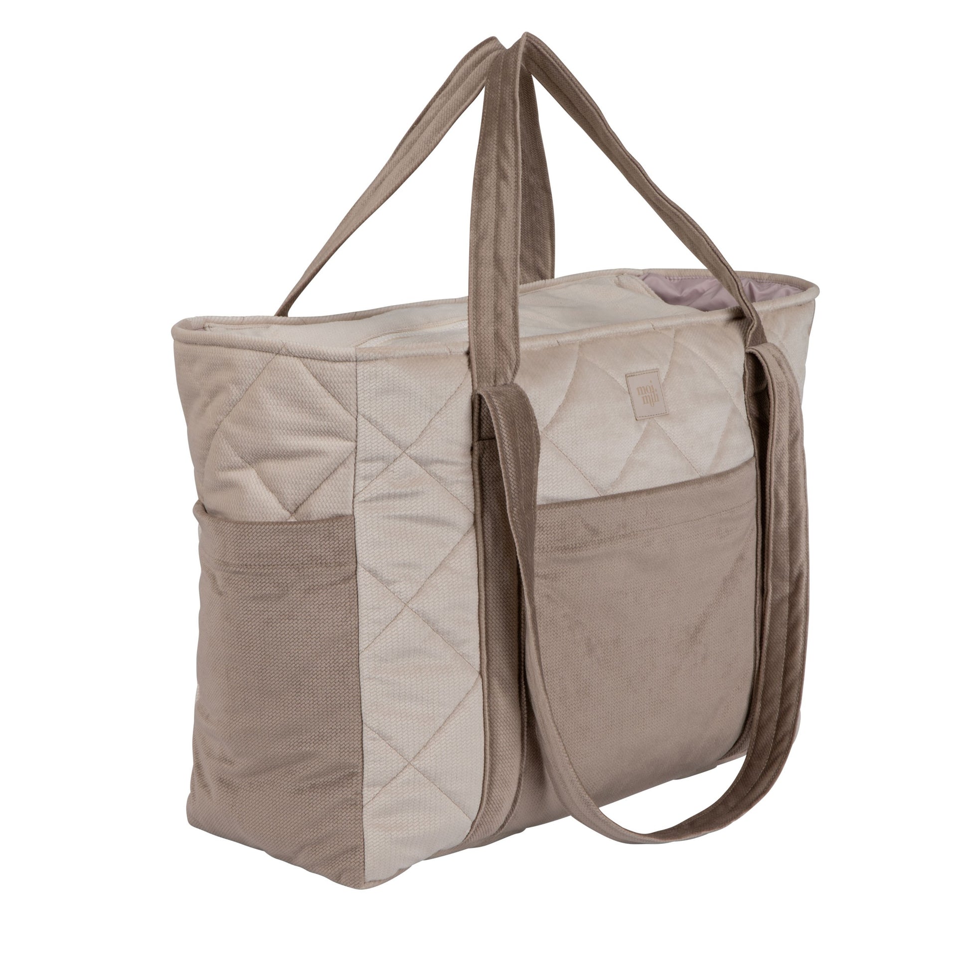 elegant beige velvet weekender bag with adjustable straps, shown in soft natural light