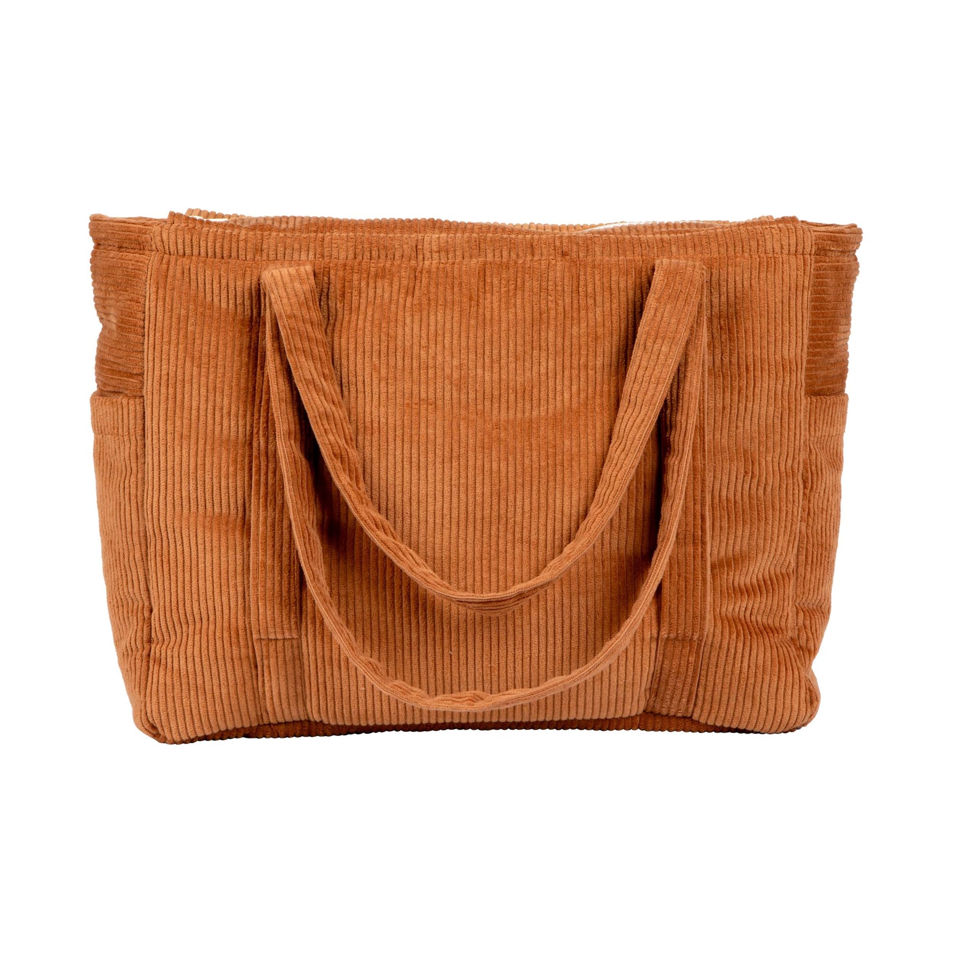 soft caramel velvet weekender bag with dual straps and multiple pockets for mom