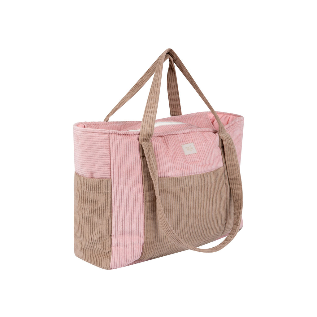 practical pink weekender bag open to show its six interior and exterior organizational pockets