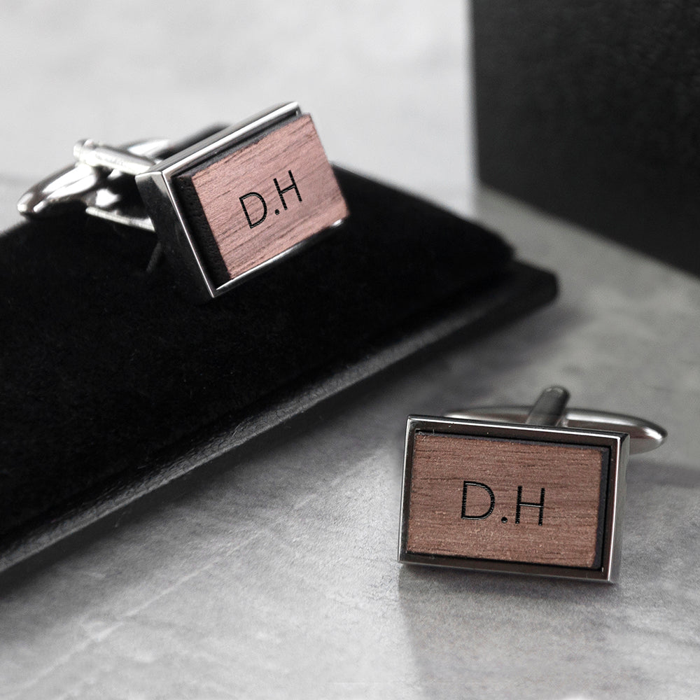 Monogrammed Rectangle Walnut Cufflinks