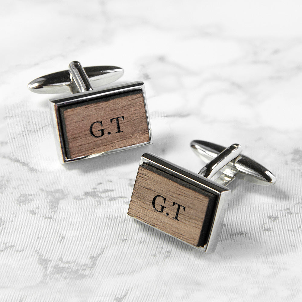 Monogrammed Rectangle Walnut Cufflinks