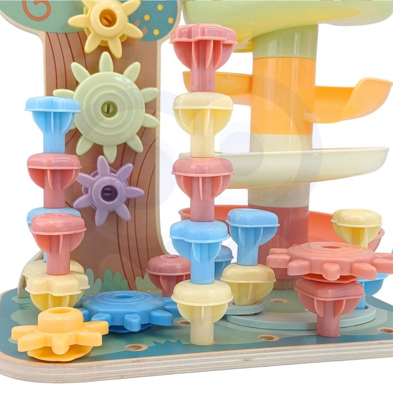 bold front view of the montessori ball track tree with vibrant wooden gears and a marble in motion