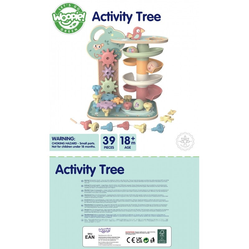 montessori activity tree with spinning gears and bead maze in warm morning light