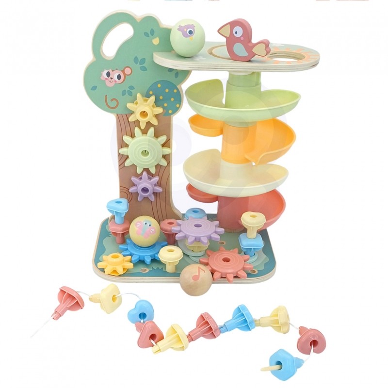 montessori activity tree with spinning gears and bead maze for toddler skill development