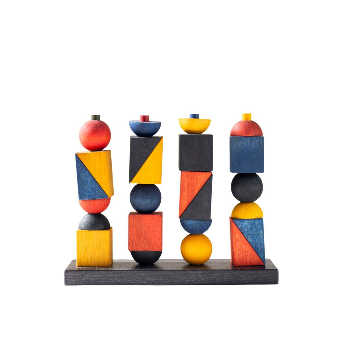 practical side view of a wooden stacking toy showing its geometric shapes and natural wood grain