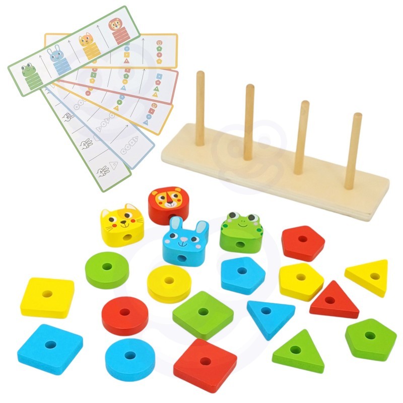 elegant close-up of a completed montessori animal pyramid puzzle on a natural wood table