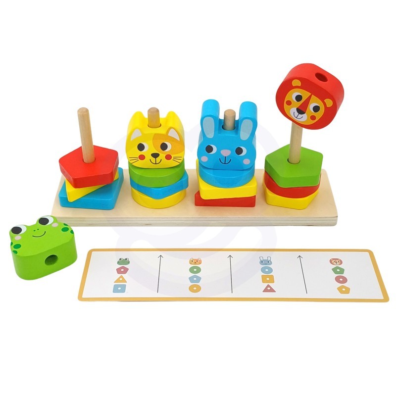 child's hands stacking colorful wooden animal blocks on a pyramid base in soft morning light