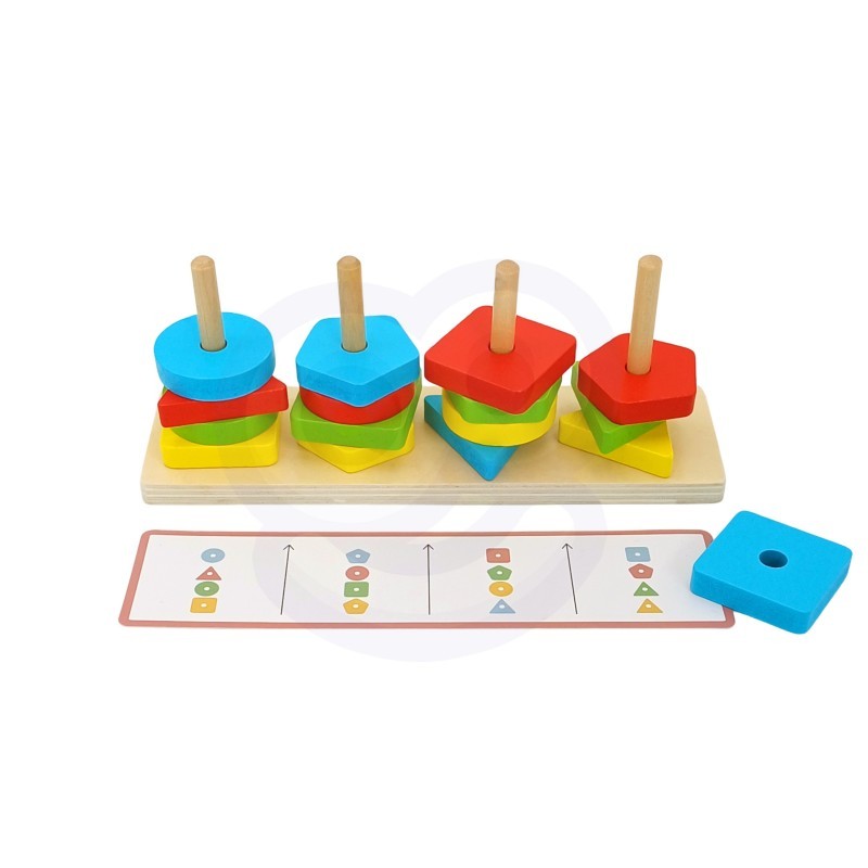 a child's hand stacking wooden animal blocks on the puzzle pyramid in a sunlit playroom