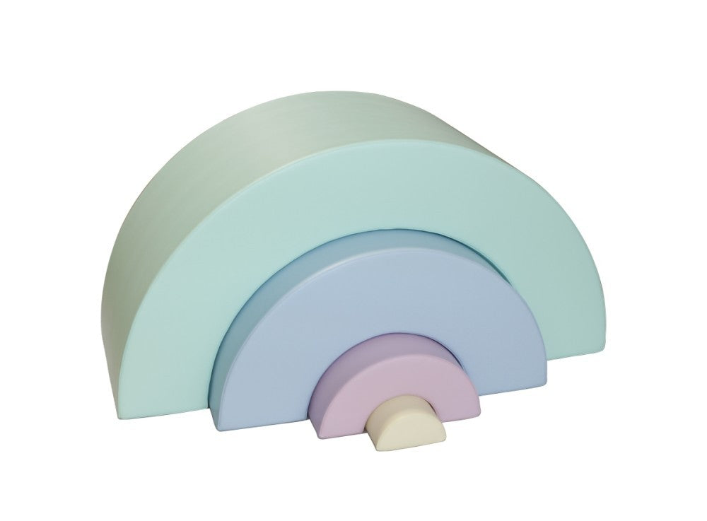 elegant montessori rainbow soft play set arranged in a refined, artistic arch on a neutral background