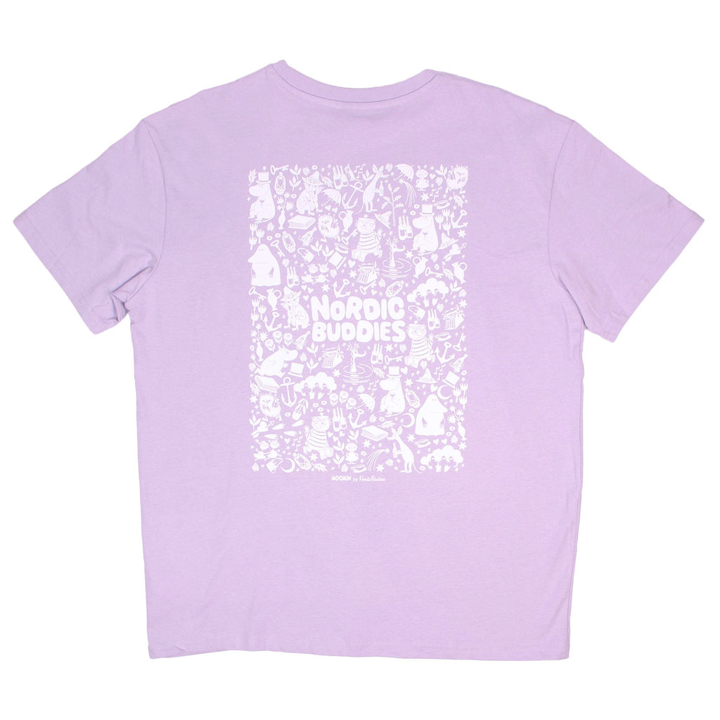 moomin lilac t-shirt laid flat on a wooden table showing its 240gsm heavyweight cotton fabric