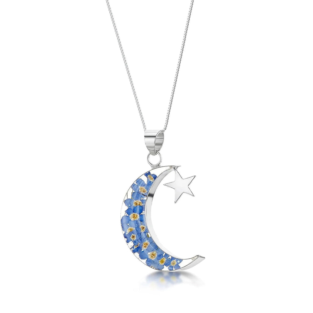 Moon and Star Necklace with Real Forget-Me-Nots in Sterling Silver