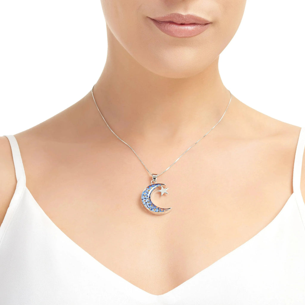 Moon and Star Necklace with Real Forget-Me-Nots in Sterling Silver