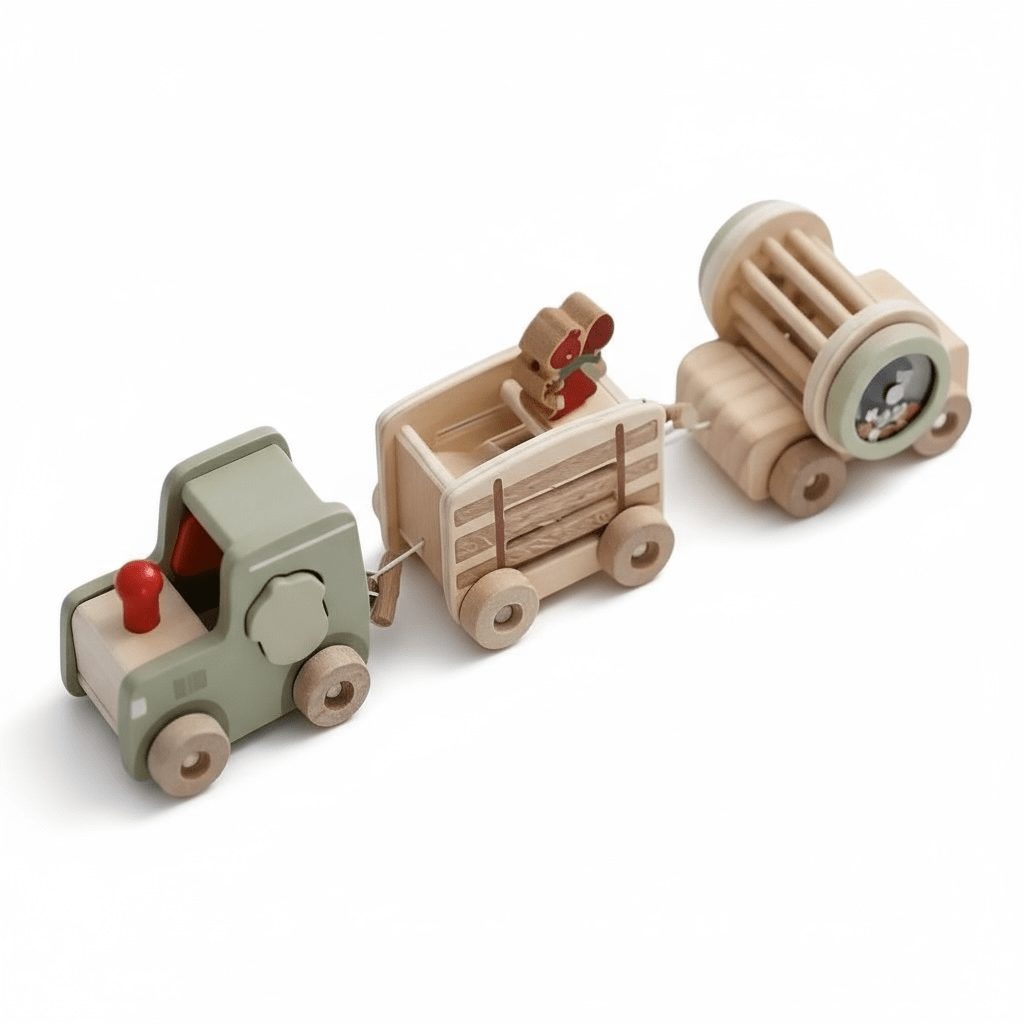 Wooden Tractor and Trailer Play Set with Detachable Rattle Drum