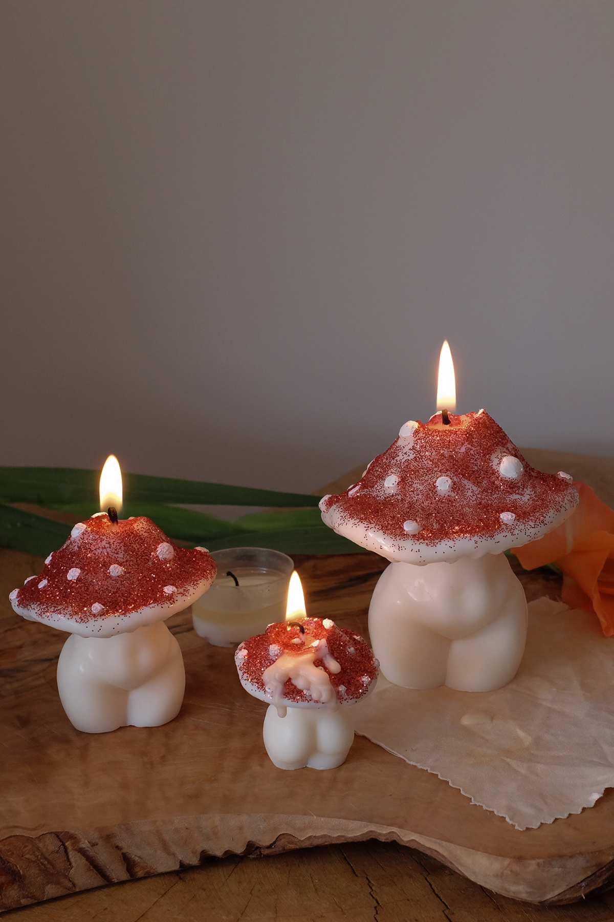 Glittery Mushroom Candles Trio
