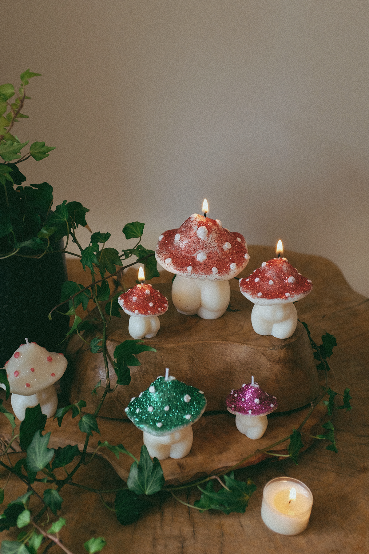 Glittery Mushroom Candles Trio