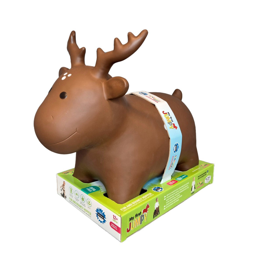 soft brown moose hopper toy in a cozy nursery setting, perfect for gentle indoor play