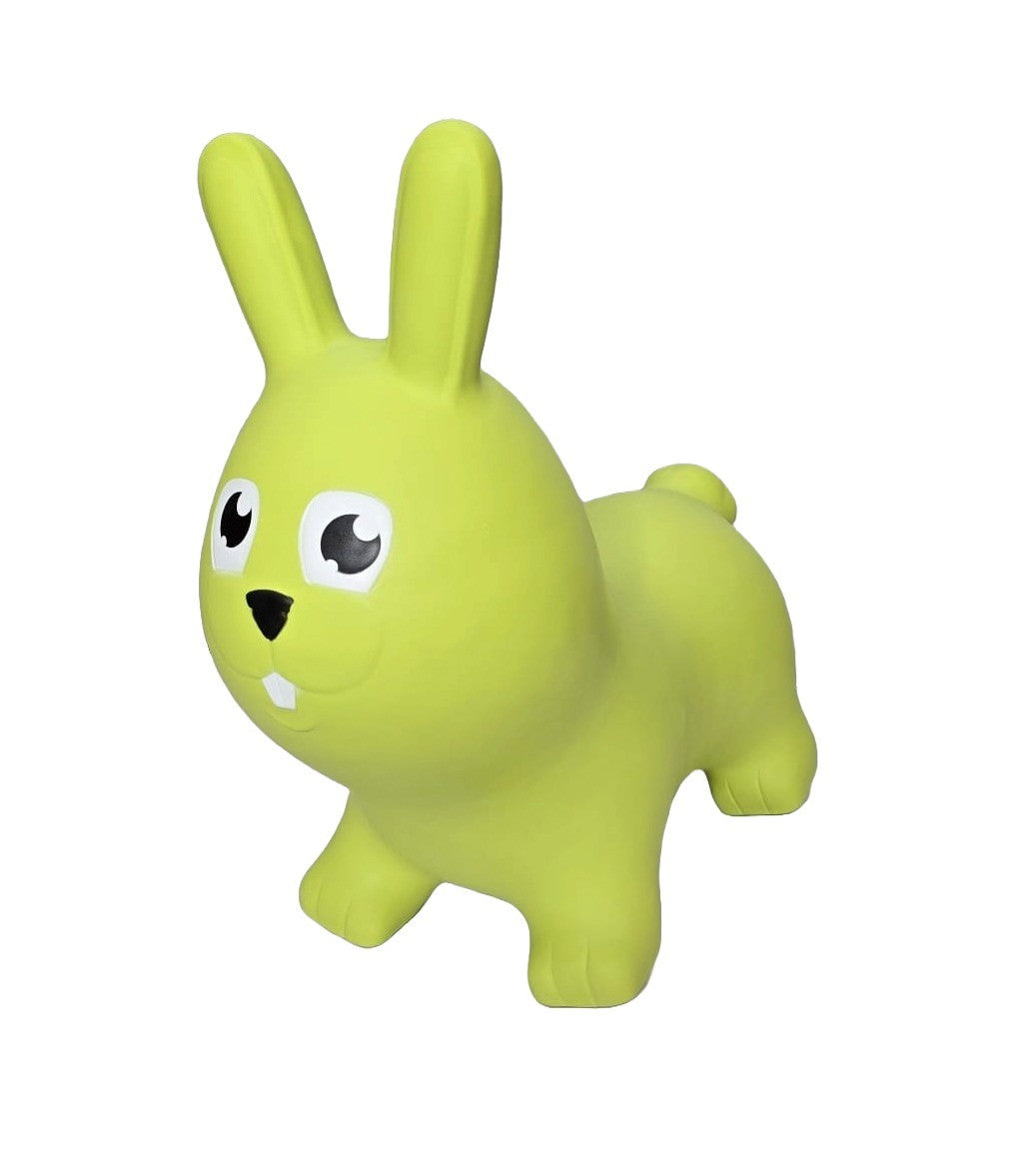soft green bunny jumpy toy for toddlers on a cozy nursery floor