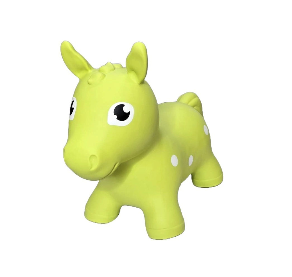 a soft green hopper horse toy resting gently on a cozy nursery rug