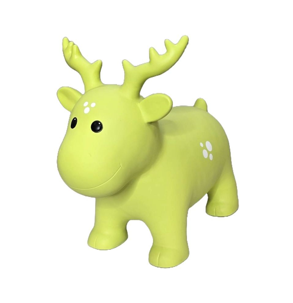soft green moose hopper toy for toddlers on a cozy nursery rug