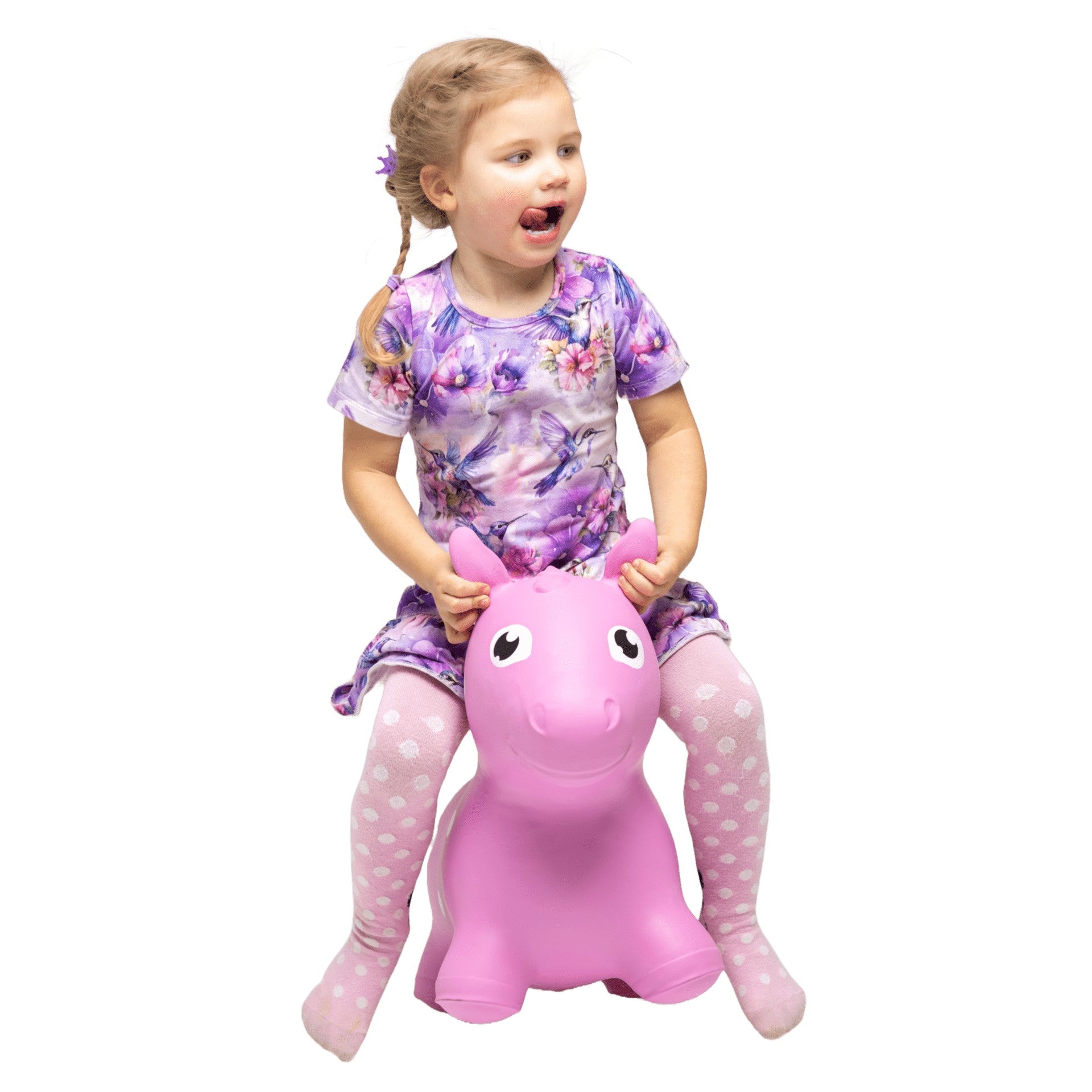 soft pink horse hopper toy for toddlers in a cozy, sunlit nursery