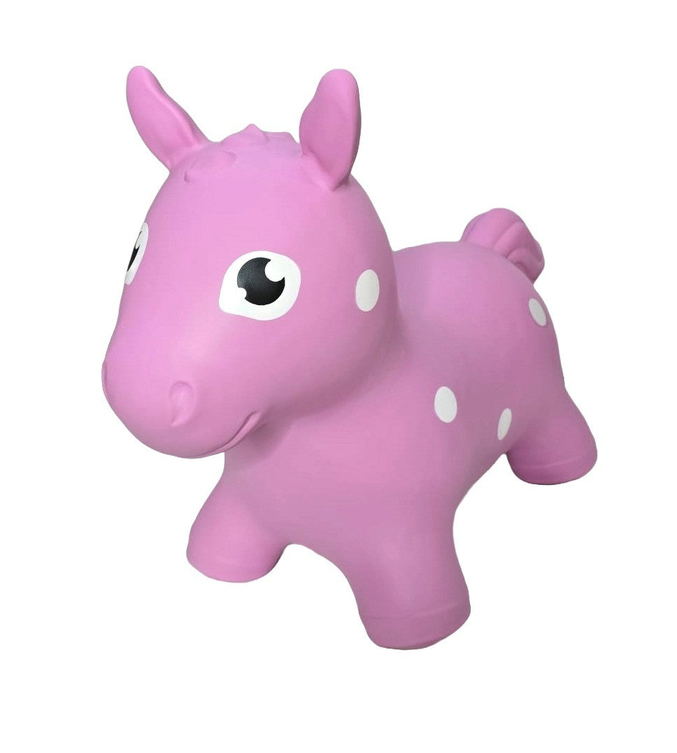 confident toddler bouncing on a vibrant pink horse hopper toy indoors