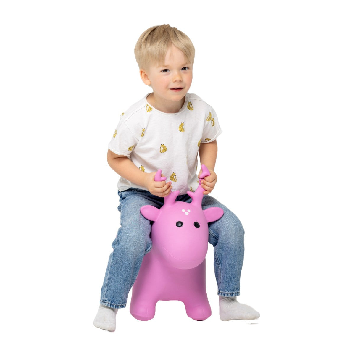 bold pink moose hopper toy for kids on a bright adventure-ready background