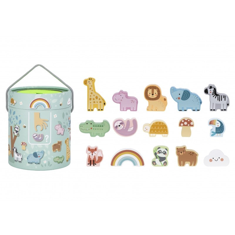 child's hand feeling inside the eco-friendly wooden mystery box for a tactile shape