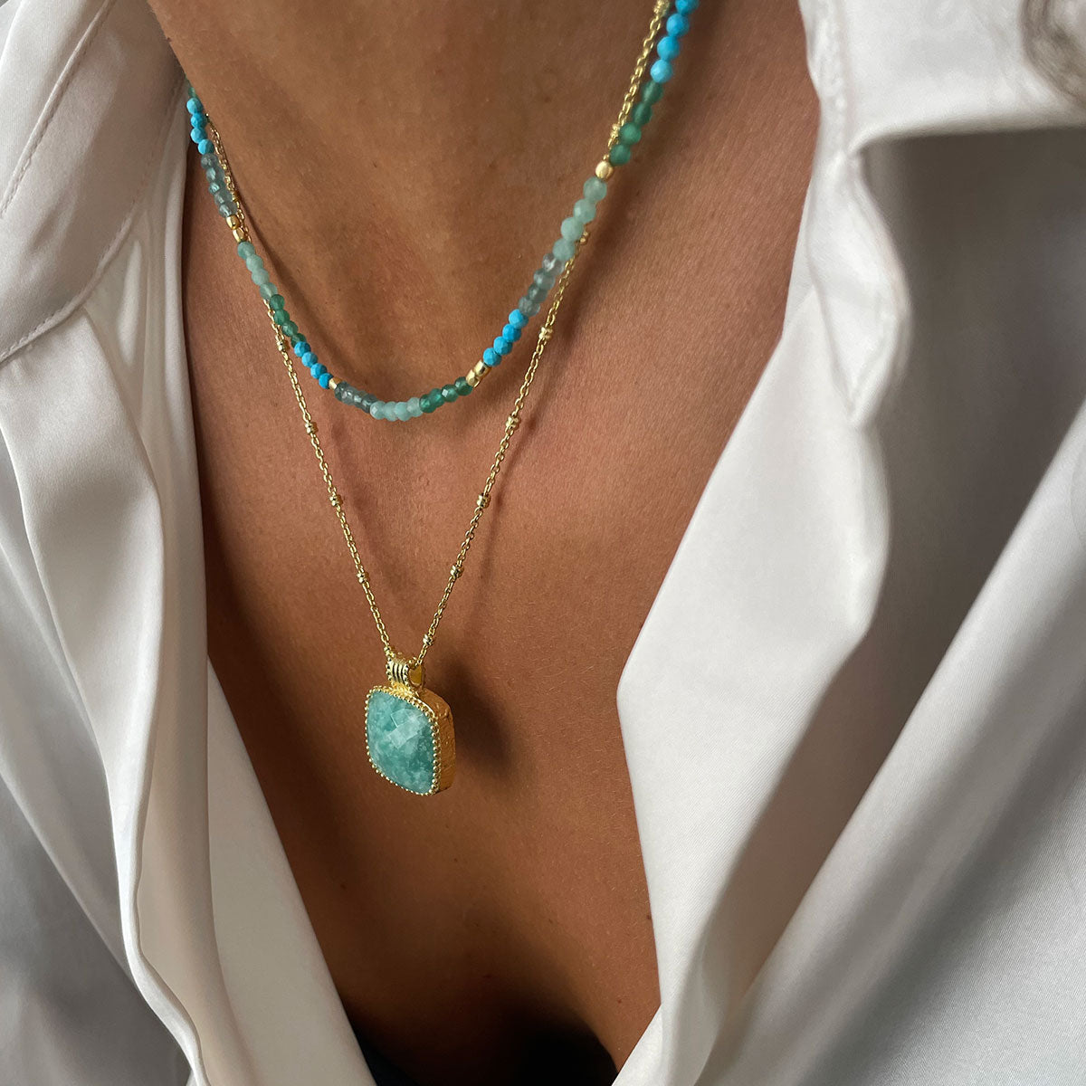 Mixed Gemstone Beaded Necklace with Amazonite, Copper Turquoise and Green Jade