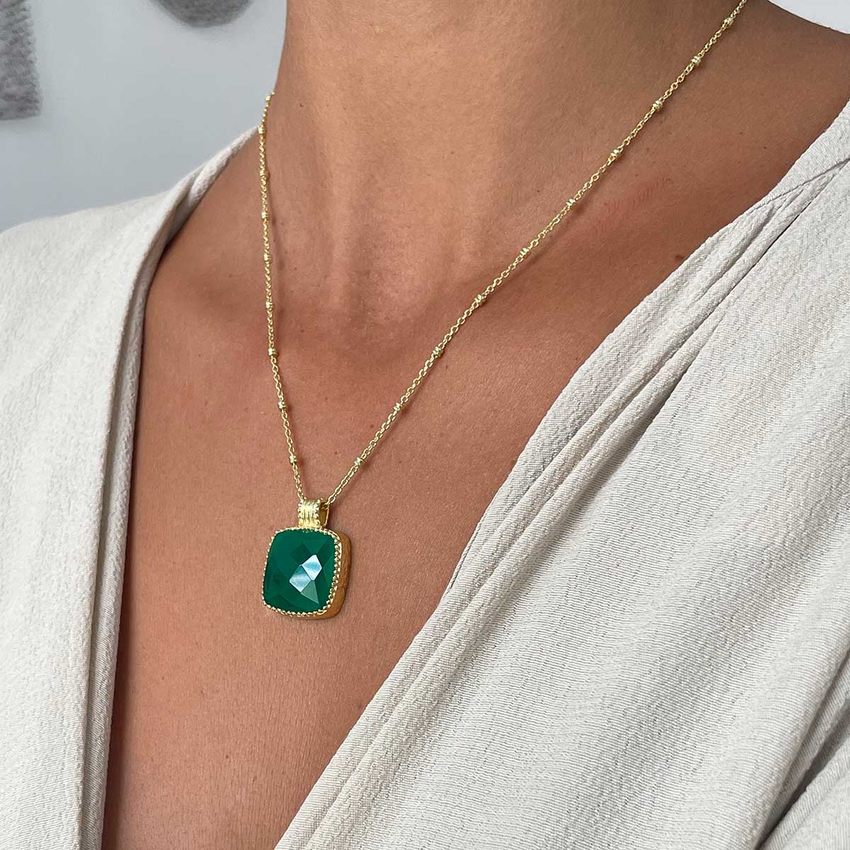 Large Square Green Onyx Pendant in Gold