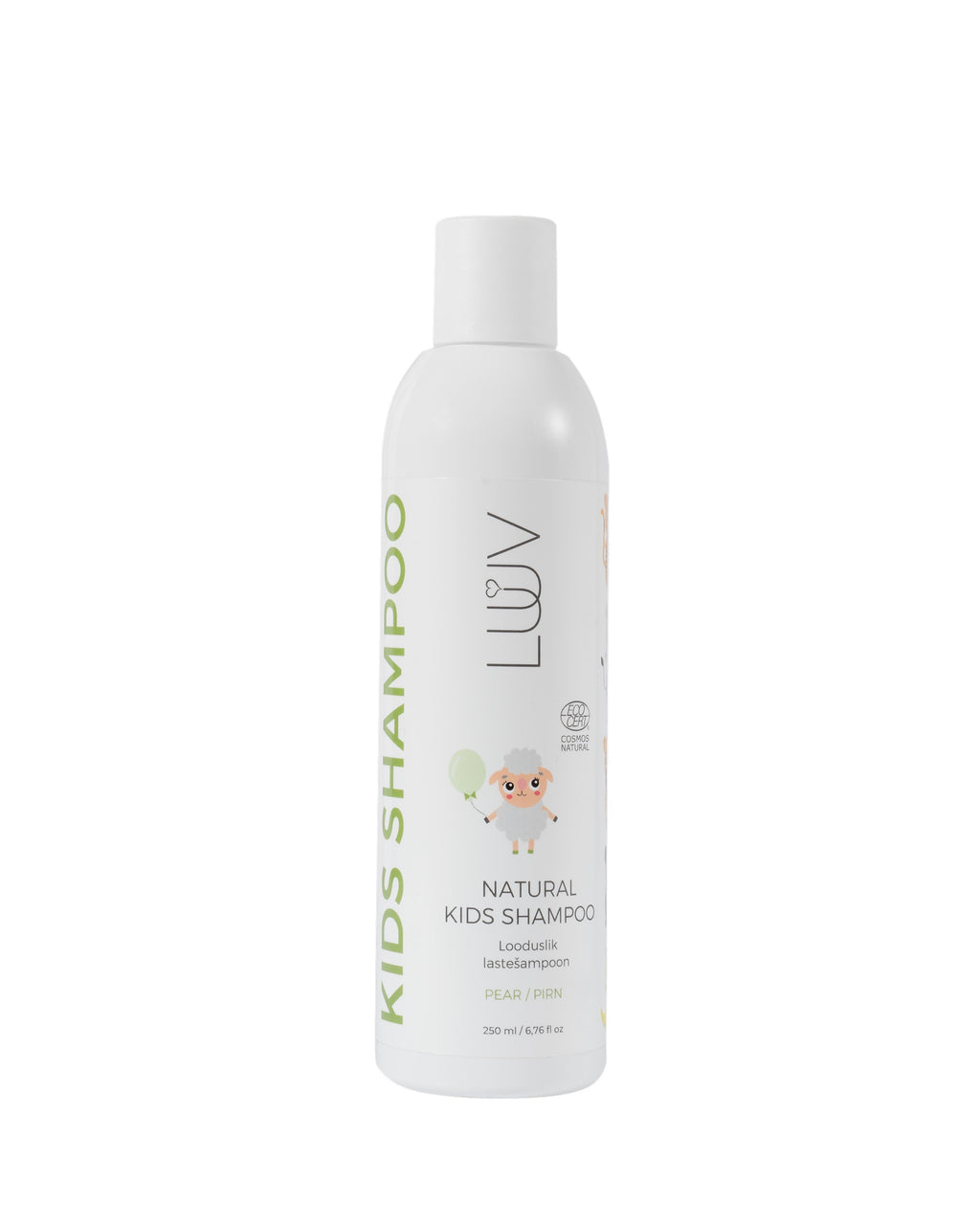 bold hero shot of luuv natural pear kids shampoo bottle with fresh pear slice