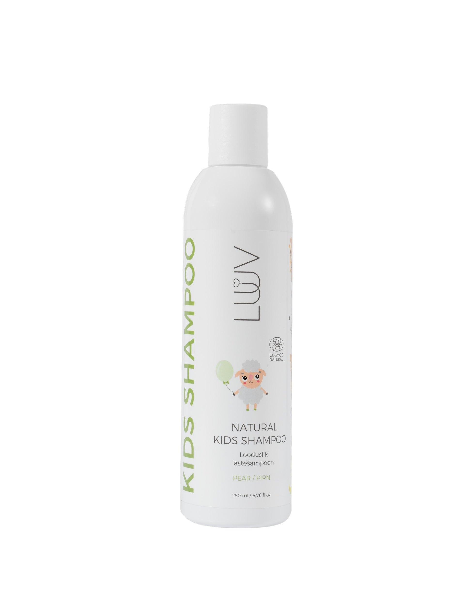 bold hero shot of luuv natural pear kids shampoo bottle with fresh pear slice