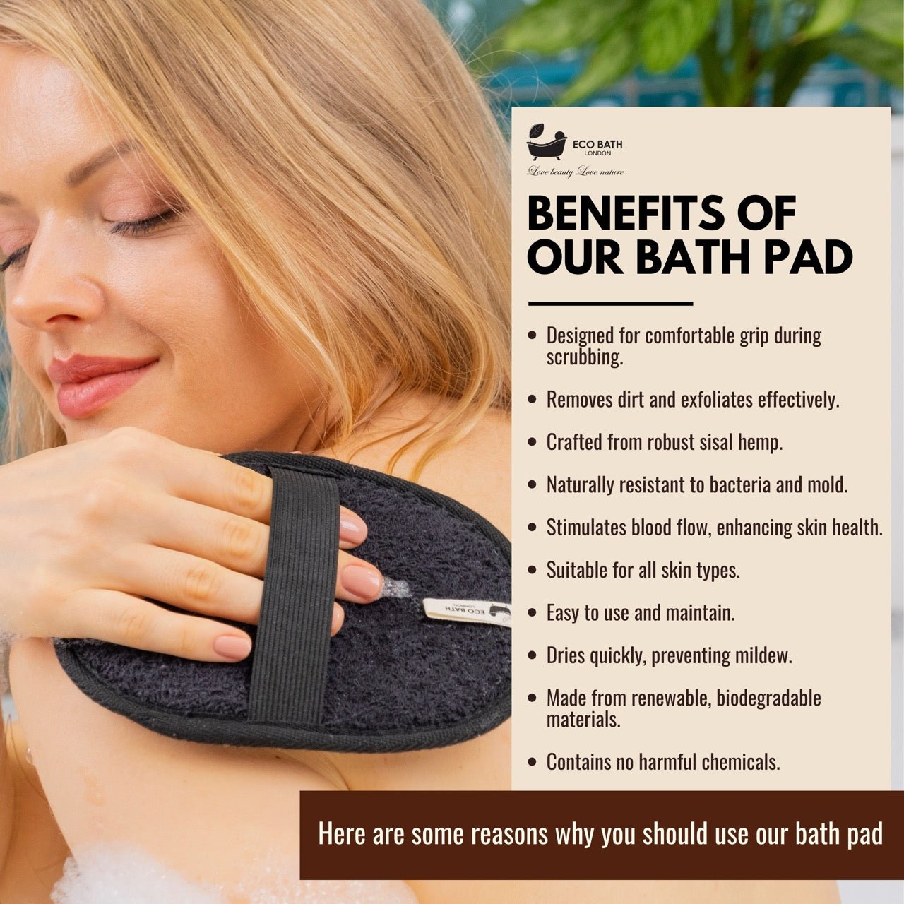 Natural Sisal Hemp Bath Pad in Black