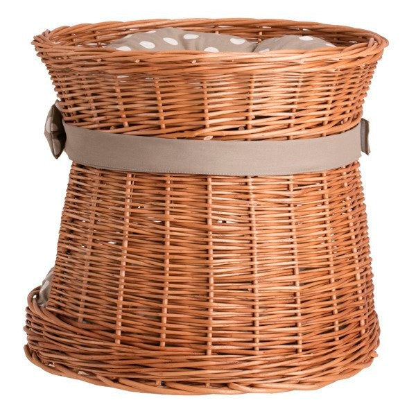 practical view of the cozy wicker cat house showing its removable cushions and stable two-level structure