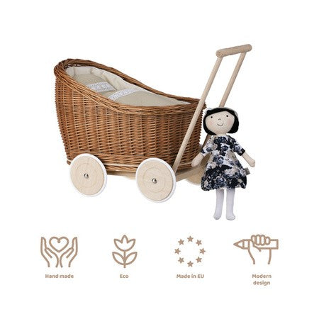 a functional wicker doll pram with beige bedding for dolls up to 37 cm