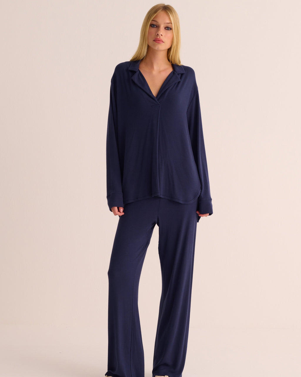 Navy Oversized Retro Ribbed Soft Modal Shirt and Wide Leg Jogger Set