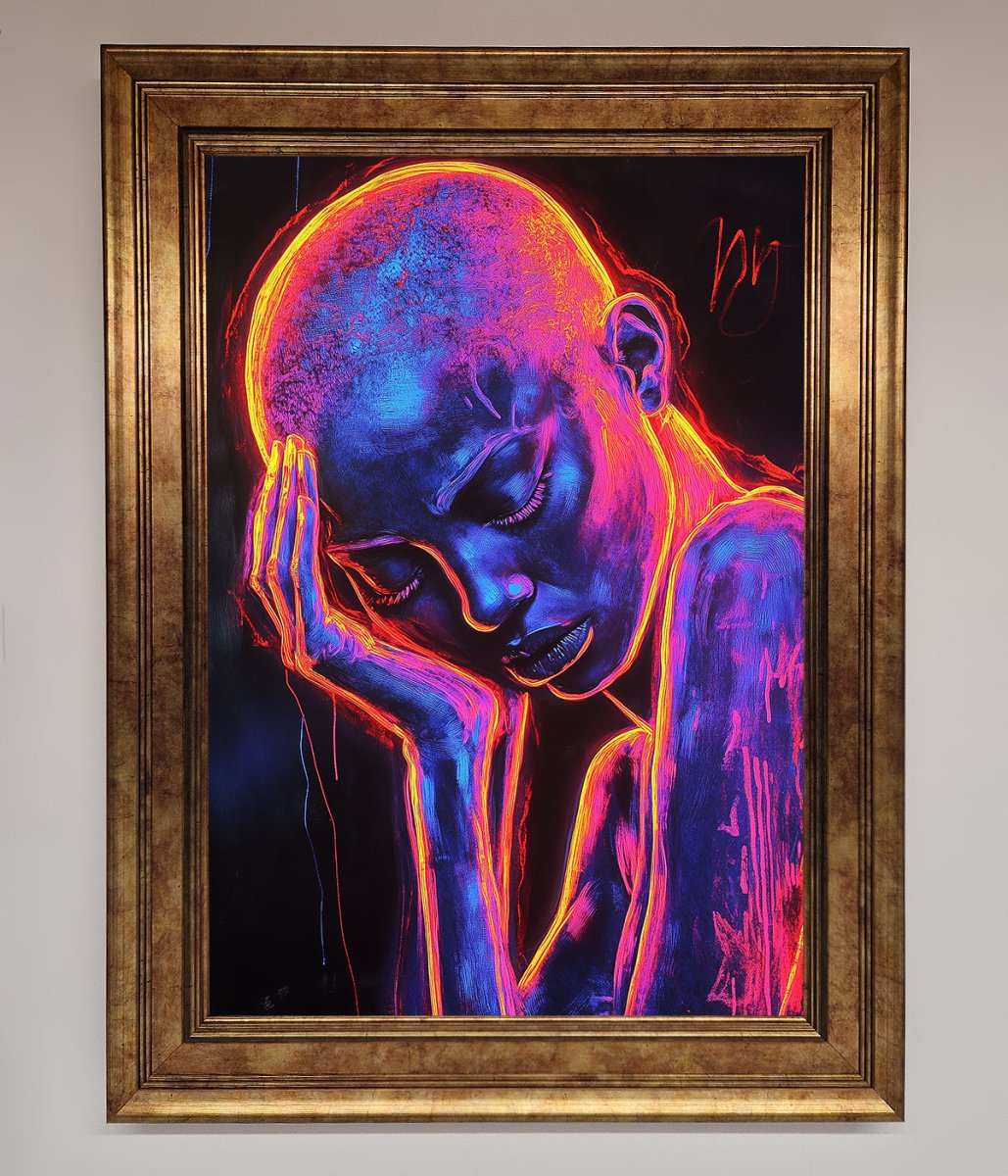 Neon Woman Hands In Head Framed Print